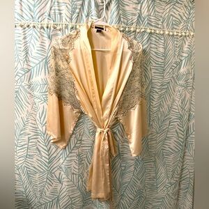 Blush Silky Kimono Mini Robe with Detailed Lace Insets
